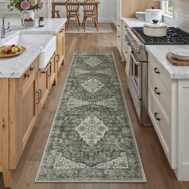 Tapis Elora Vintage Medallion lavable à la machine avec envers antidérapant, couleur brun, Brun, Tapis de couloir 2 pi x 8 pi