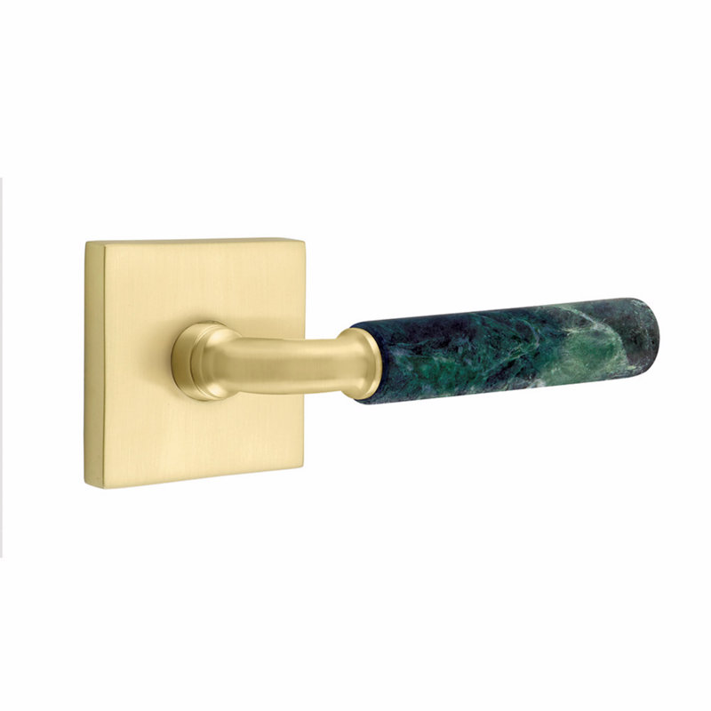 Emtek Select Dummy Leverset, Square Rosette, R-Bar Stem, Green Marble Handle-6" W x 6" L, Satin Brass