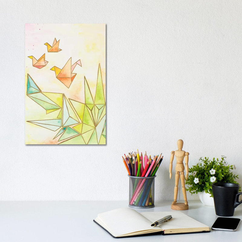 «Origami Cranes» par Nola James - peinture sur toile tendue, H 12 po x l 8 po x P 0,75 po