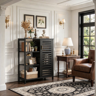 Black Bamboo Bathroom Cabinet Freestanding with Door and Shelves 87 x 66 x 33 cm