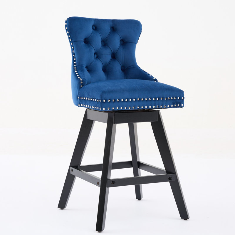 Tabourets de bar pivotants en velours avec décoration capitonnée et pieds en bois, Bleu