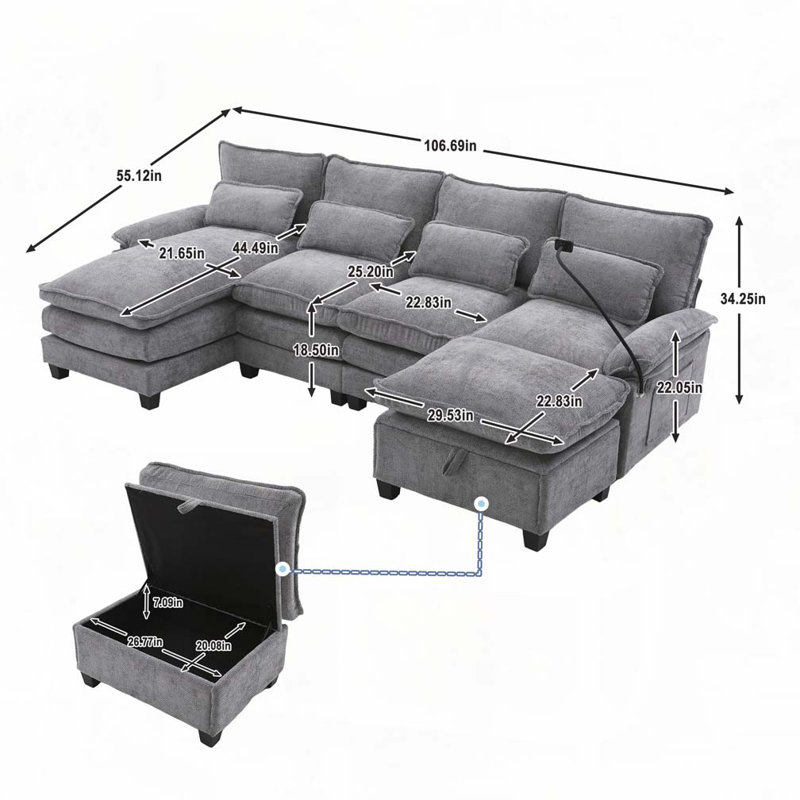 Canapé modulaire en U en chenille de 106 po, Gris clair