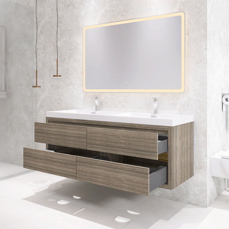 Ensemble de meuble-lavabo mural 60 po avec double lavabo double en résine, Bois de frêne gris, 60"