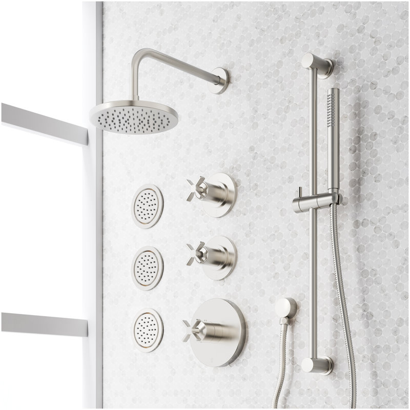 Vassor Thermostatic Shower System With 3 Body Sprays, Slide Bar and Hand Shower - Brushed Nickel, Brushed Nickel