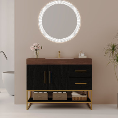 Meuble-lavabo autoportant moderne 36 po avec lavabo en céramique sans couture et plateau en pierre frittée