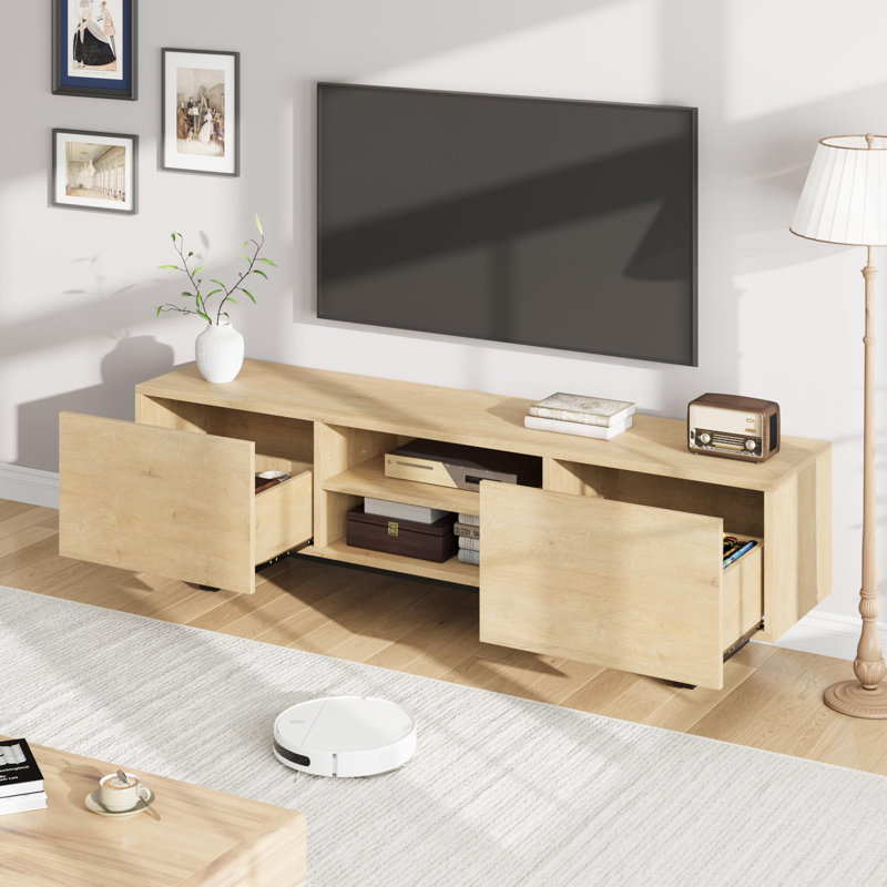 Meuble télé industriel pour 80 pouces, meuble multimédia moderne avec 2 tiroirs, meuble multimédia en bois avec pieds robustes