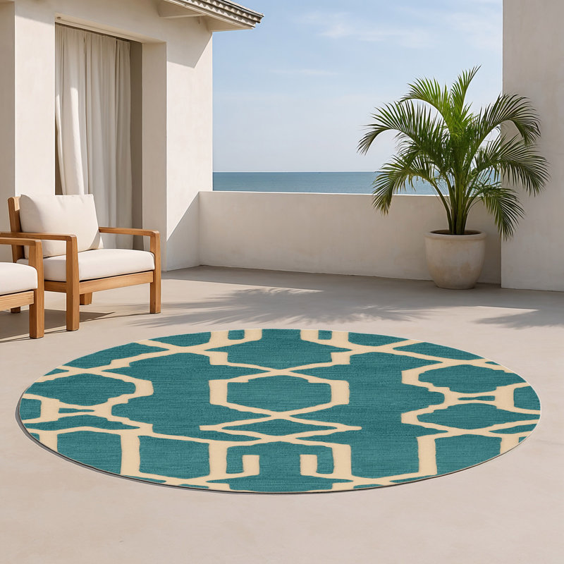 Tapis bleu intérieur et extérieur Trellis, Rond 5 pi