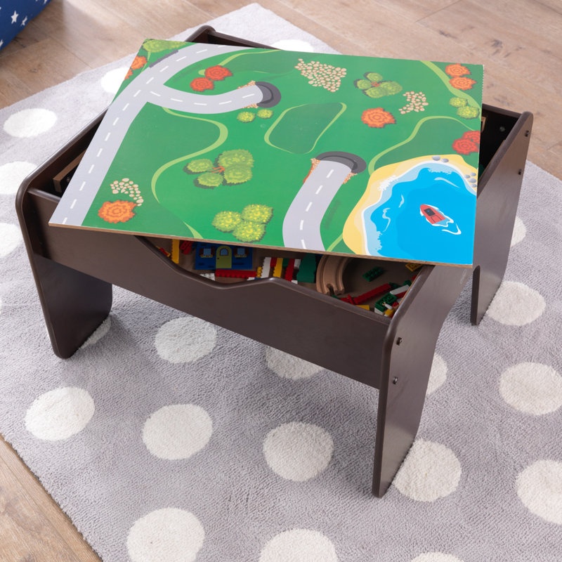 2-in-1 Wooden Activity Table with Board, Train Set and 195 Bricks, Espresso