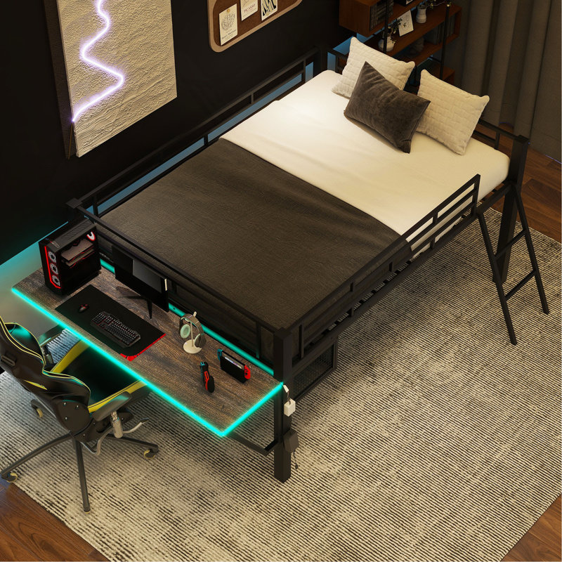 Lit mezzanine avec bureau Gaming, DEL, double, noir
