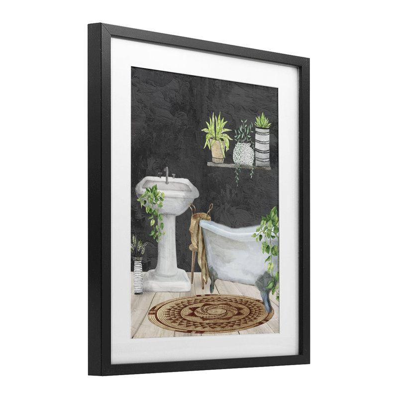 «Relaxed Greens Bath Scene», reproduction d'art sous verre, conception de Kim Allen, Cadre noir minuit, H 21 po x l 17 po