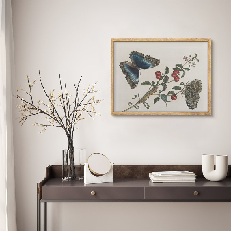 "Papillon chenille sur des branches de fruits, art encadré, affiches, salle de bain, petit art mural", Naturel