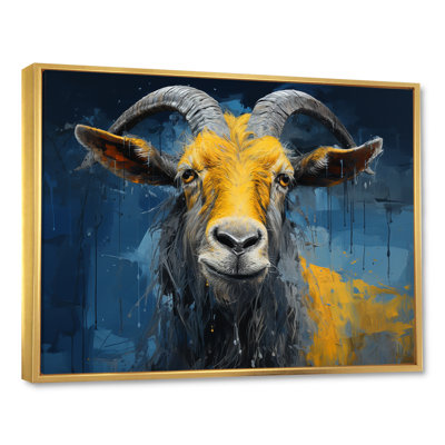 Chèvre jaune et bleu, prairie, portrait II - art mural de chèvre