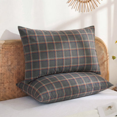 100% Cotton Pillow Cases, King Size, Set of 2, Washed Cotton Deep Brown Plaid Pillowcases, Soft Breathable Bed Pillow Covers