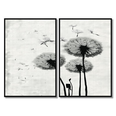 «Vintage Dandelion Spring Breeze», impression sur toile encadrée de pissenlit, art mural floral noir 2 pièces