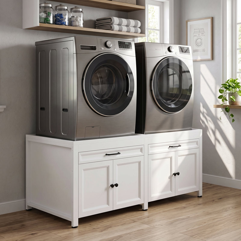 58.3" W Washer and Dryer Pedestal Cabinet with 2 Pull-Out Shelves, Enclosed Storage and Adjustable Feet, White