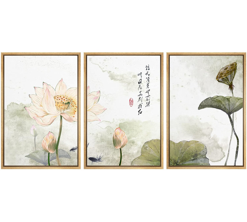 Encre de Chine et peinture murale de style lotus, décoration murale moderne, Cadre naturel flottant, H 36 po x l 72 po