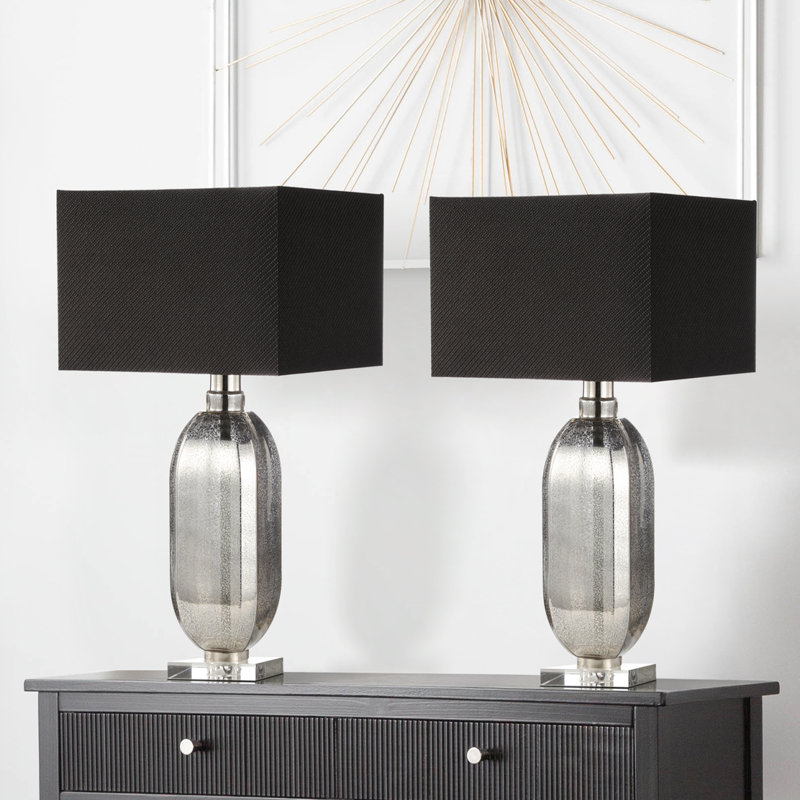 Barbato 84cm Living Room Table Lamp with Glass Base, Bedside Buffet Lamp with Linen Shade, Sliver/Grey