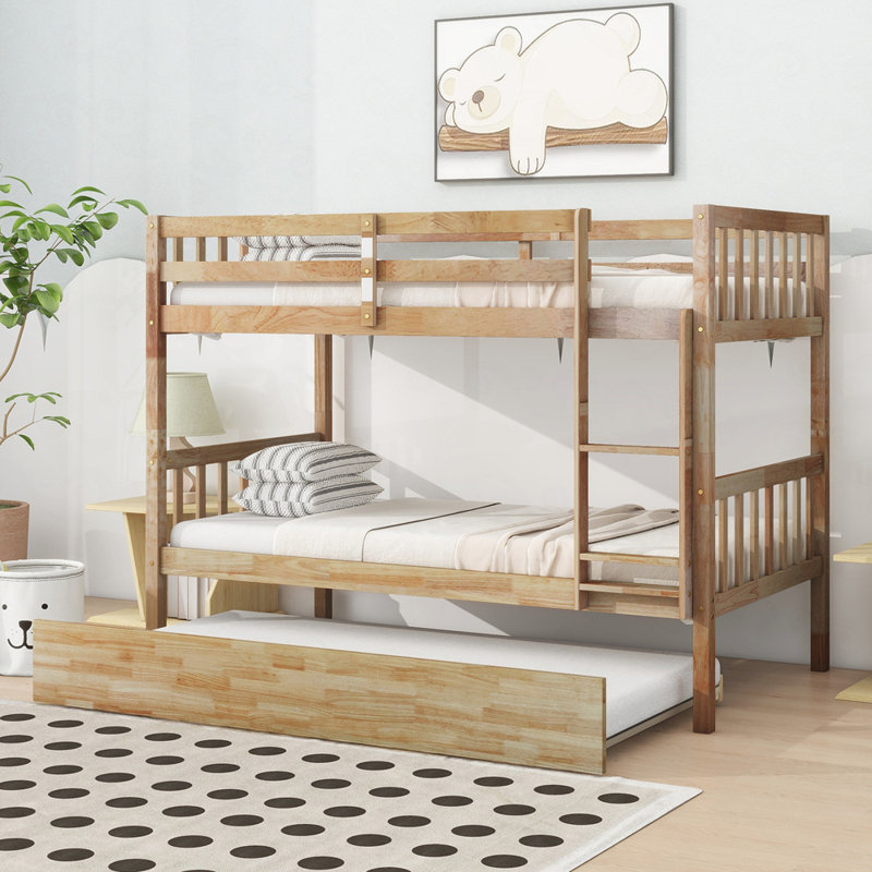 Lit superposé simple en bois d'hévéa avec lit gigogne, convertible en 2 lits simples, lit superposé simple avec échelle et garde-corps de sécurité