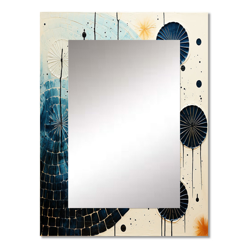 Bleu sarcelle jaune Mid Century Minimalist Rain III - miroir minimaliste, miroir mural moderne unique, impression d'art en métal