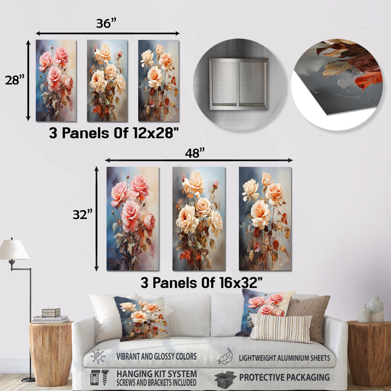 Harmonous Rose Bouquet - Roses, ensemble de 3 reproductions d'art mural en métal, H 28 po x l 36 po