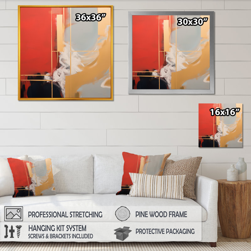 Jaune et rouge, expression abstraite - art mural abstrait, Cadre doré simple, H 36 po x l 36 po x P 1,5 po