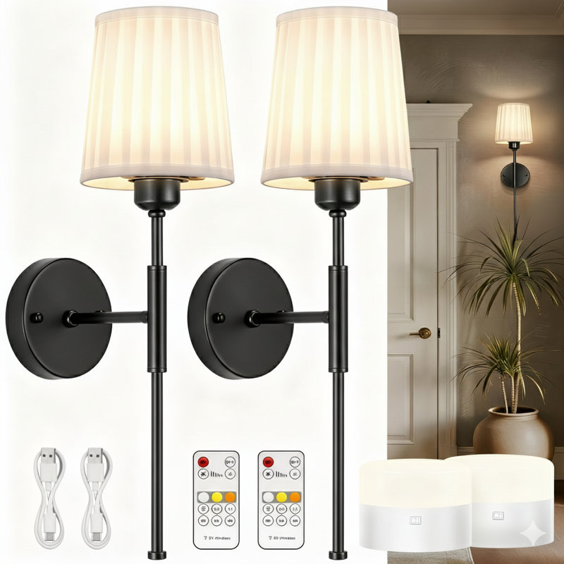 Battery Operated Wall Sconce, Beige, Matte Black