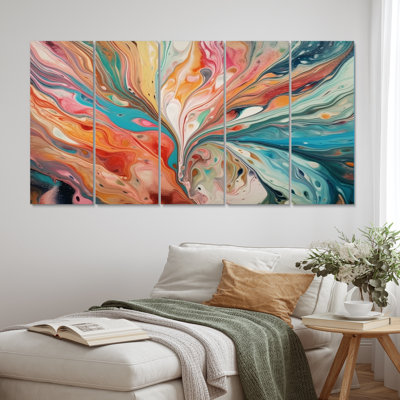 Teal Pink Marbled Whimsy III - Abstract Canvas Print - 5 Equal Panels