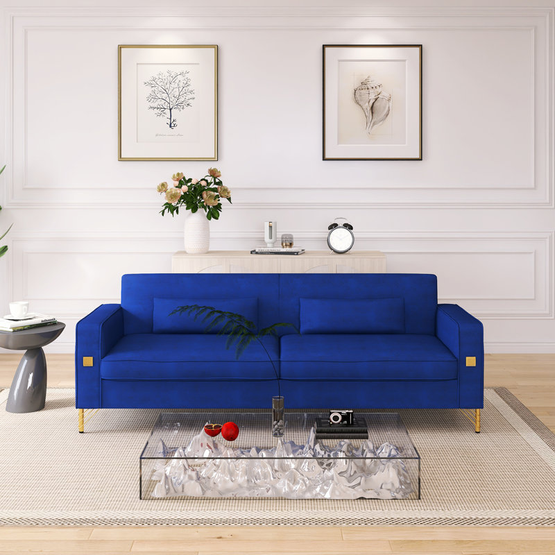 Canapé 85,63 po style Mid-Century moderne avec coussins moelleux et pieds en métal, Bleu rétro