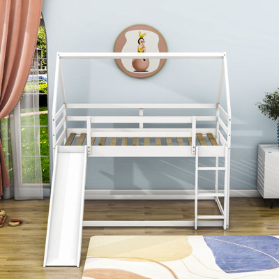 Twin Size Wood House Bunk Bed With Slide
