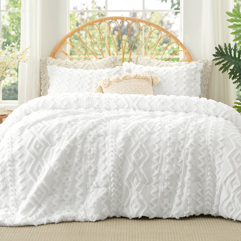 Ensemble d'édredon léger texturé Boho, Blanc, Édredon simple + 1 taie d'oreiller standard
