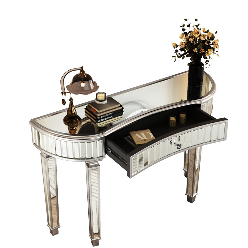 Console à miroir en demi-cercle de 47 po pour chambre à coucher ou vestiaire, avec tiroir en verre cannelé et cristal, gris et argent, matériau, table mince avec chambre à coucher en argent pour le vestibule, base en bois franc,