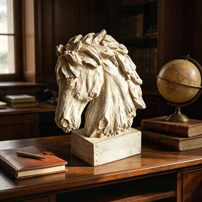 Tête de cheval rustique sculptée avec une texture de bois vieilli, buste de cheval en résine pour une décoration western de style ferme, ornement de table parfait