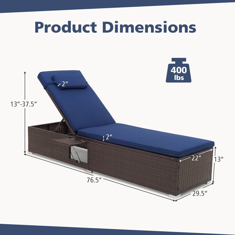 Ebern Designs 1 Pcs Patio Chaise Lounge With 6-level Backrest Comfy Seat Cushion & Headrest Backyard, Navy