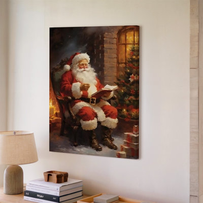 Toile, scène festive douillette mettant en vedette une figure joyeuse dans un art mural, costume de père Noël rouge et blanc classique assis confortablement sur une toile