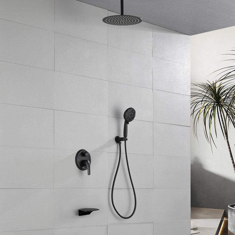 Shower Faucet Set With Tub Spout, Ceiling Mount Shower System With 12 Inch Rain Showerhead And Tub Spout Included Valve And Trim