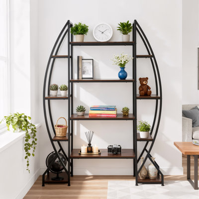 Oval Bookshelf, Triple Wide 5 Tiers Etagere Bookcases, Industrial Display Shelves For Living Room