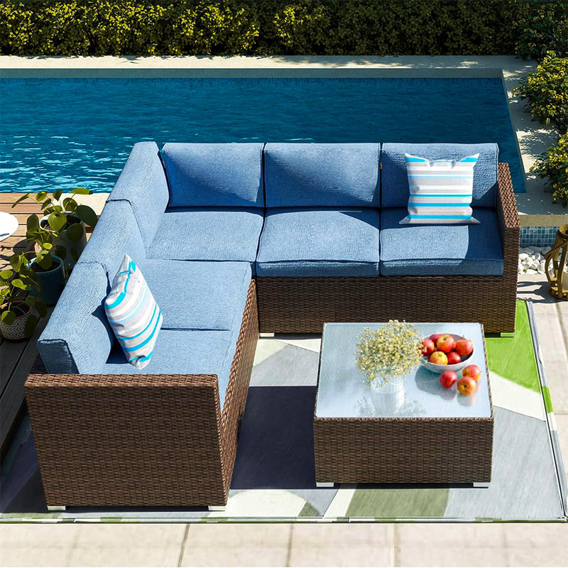 Ensemble de sièges de patio sectionnels en osier Fardin pour 5 personnes avec coussins, Bleu