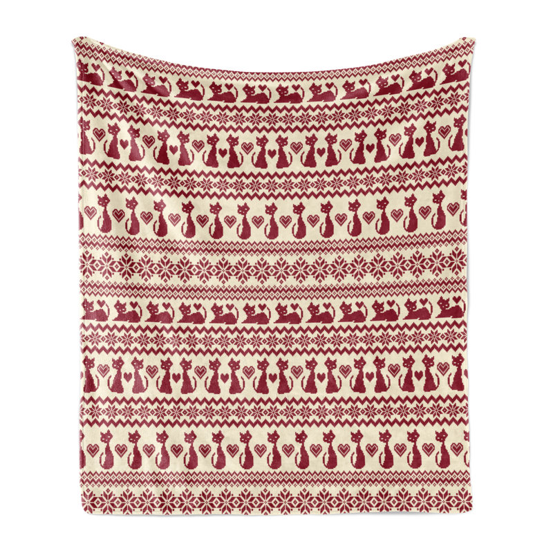 Ambesonne Nordic Fleece Throw Blanket Cat Pattern Pixel Art Beige Ruby, 50" W x 60" L