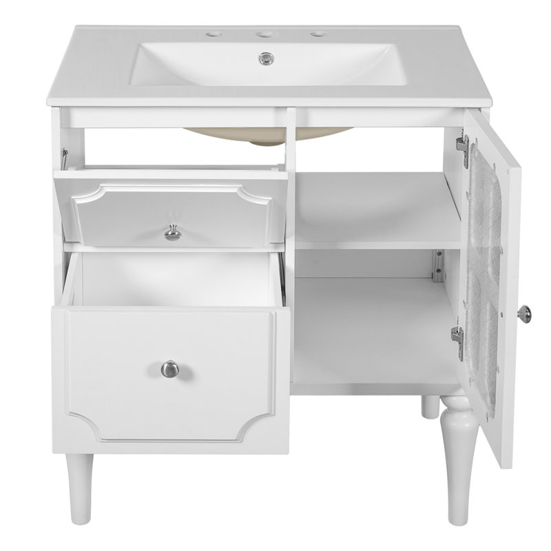 Ensemble de meuble-lavabo de style rétro avec lavabo en céramique 30 po, meuble-lavabo simple autoportant avec 2 tiroirs et armoire de rangement en bois massif