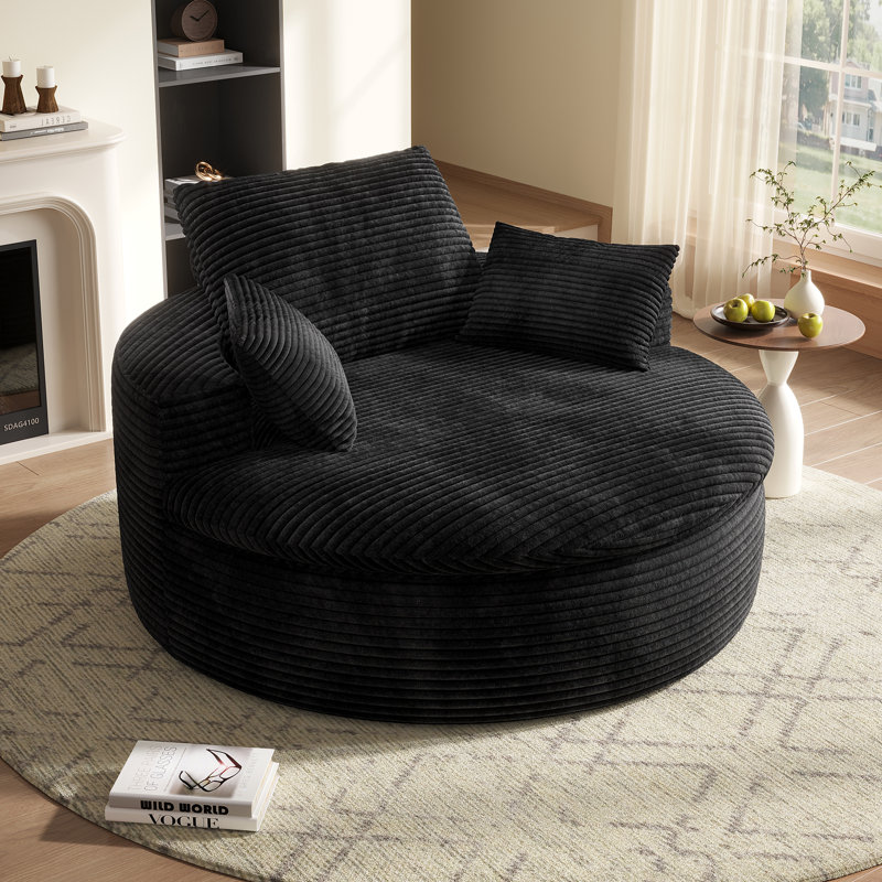Boneless 59" Oversized Round Corduroy Chaise Lounge Chair, Double-layer Upholstered Cushion Sofa Bed With 2 Throw Pillows & Back Pillow For Living Room, No Assembly Required
