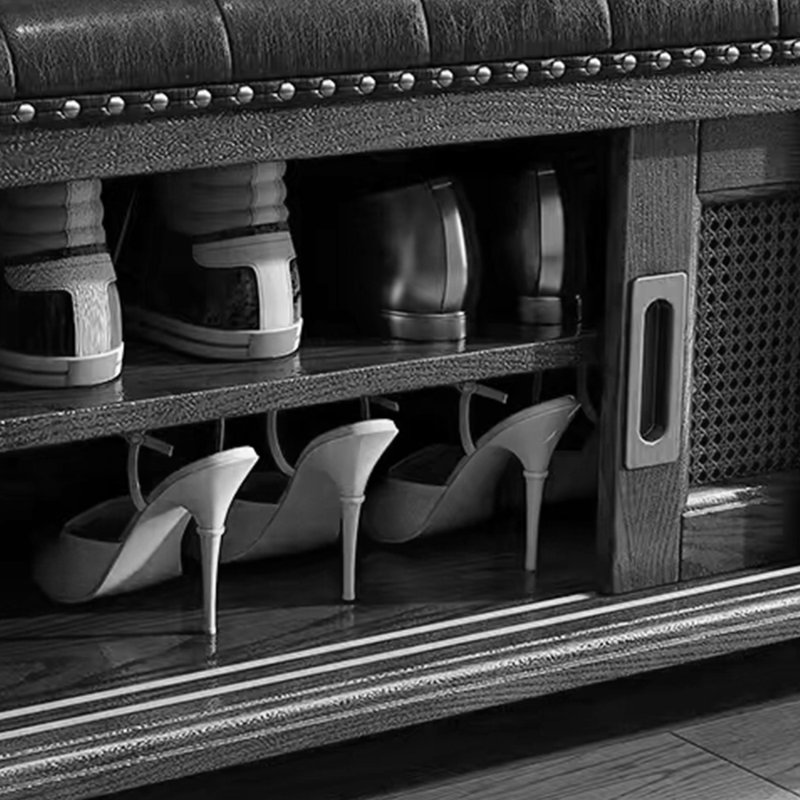 Handwoven Rattan & Leather Shoe Bench Leather Match Shoe Storage