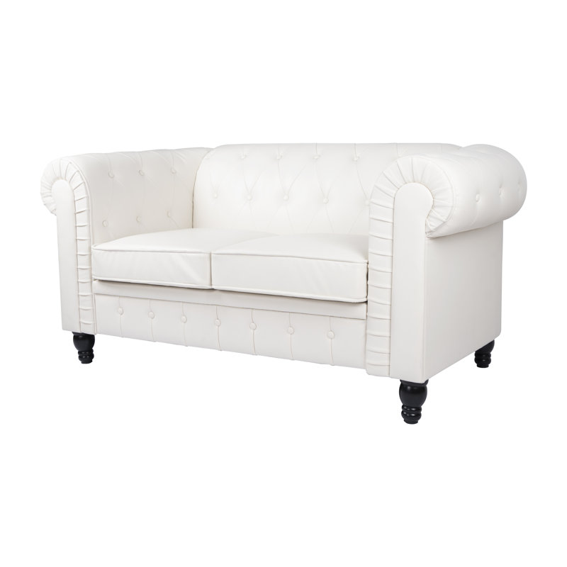 Causeuse en cuir Mythili Chesterfield, causeuse à accoudoirs roulés, canapé avec pieds en bois, Blanc