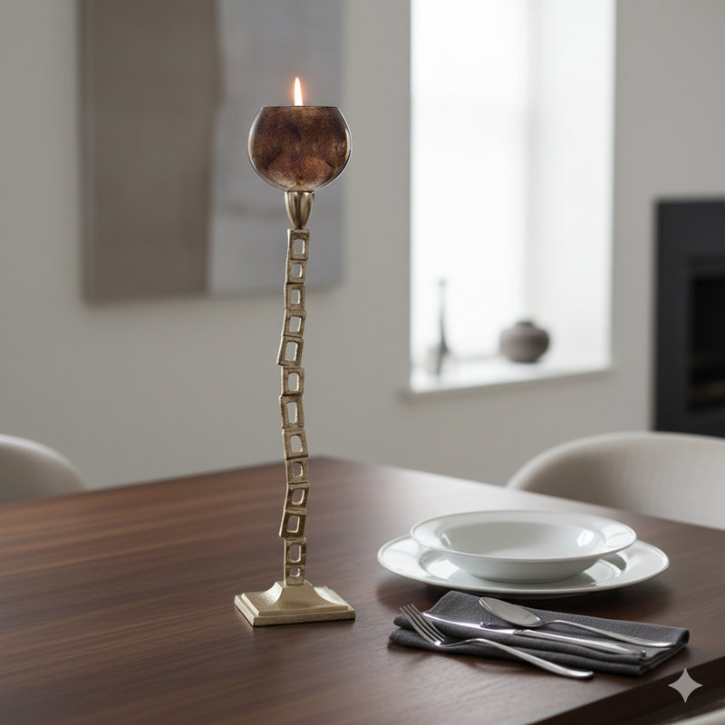Modern Chain Link Candle Holder with Round Glass Top - Decorative Pillar Candlestick Holder for Tabletop or Floor Accent - Gold & Metallic