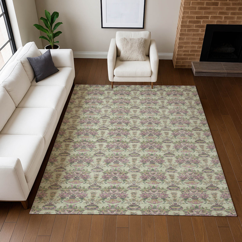 Machine Washable Indoor/Outdoor Chantille ACN2682 Floral Rug, Celery, 5' x 7'6"