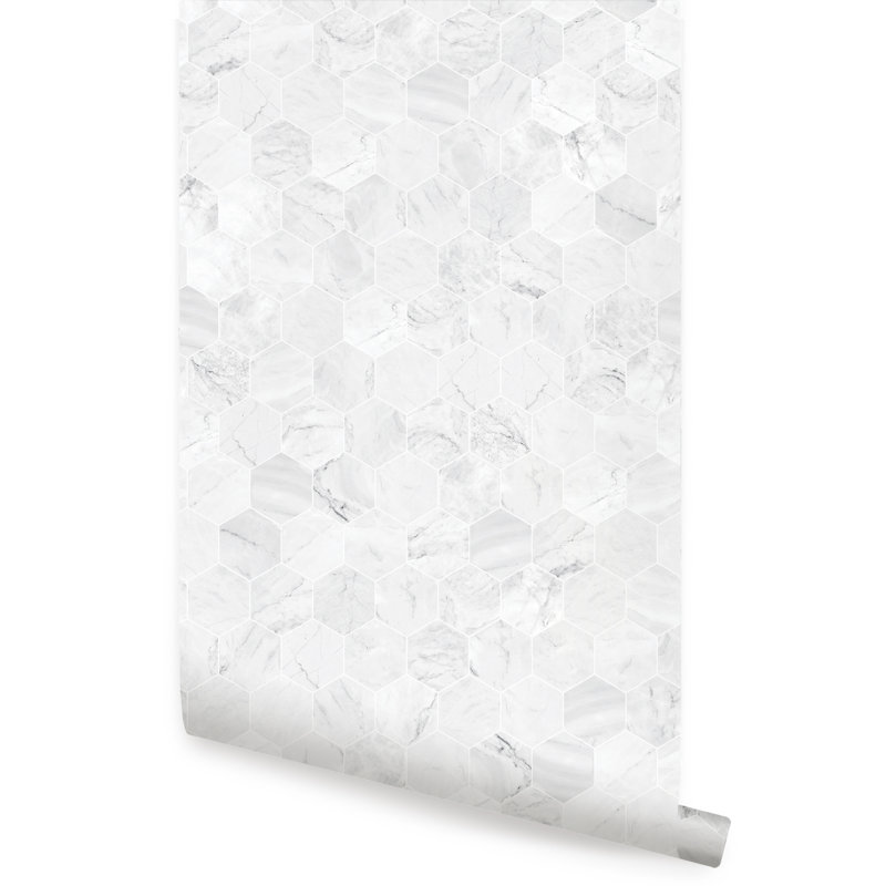 Panneau de papier peint hexagonal en marbre, Blanc, L 2 pi x H 18 pi