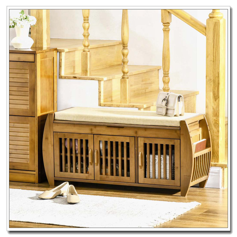 Banc à chaussures avec armoires de rangement, banc d'entrée en bambou avec coussin de siège, 3 portes