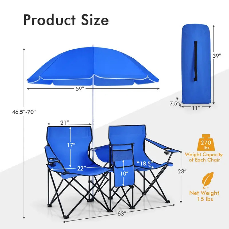 Portable Double Camping Chair, Folding Picnic Loveseat W/ Removable Adjustable Umbrella, Carrying Bag, Cooler Bag, Side Pocket & Cupholder, Perfect For Camping, Picnic, Fishing, Beach.