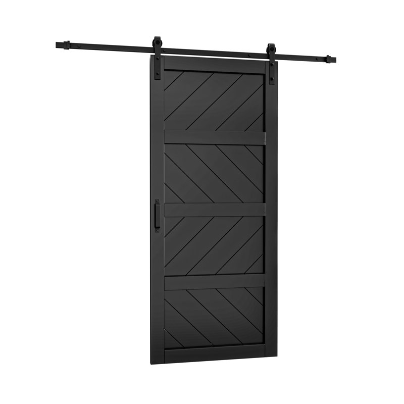 Porte de grange à panneaux en bois manufacturé massif avec trousse de quincaillerie d'installation, Noir, noir, noir, noir