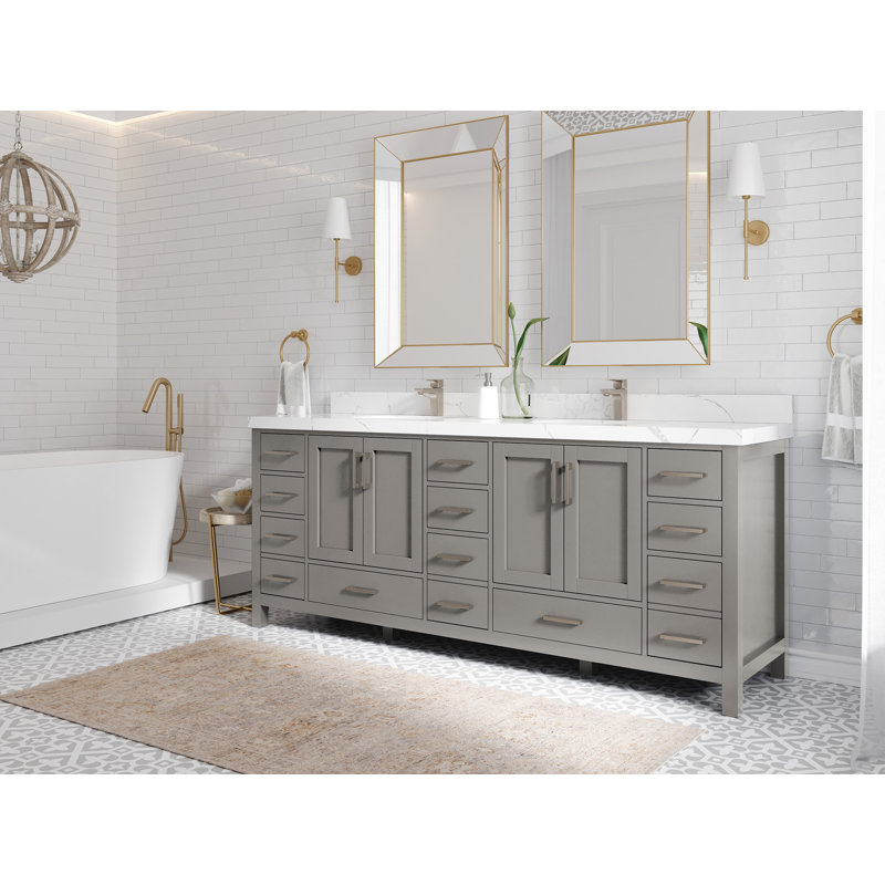Malibu 84'' Elephant Skin Gray Double Sink Bathroom Vanity with Quartz Top