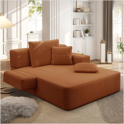 Luxurious Plush Corduroy Chaise Lounge with 3 Pillows, Convertible Sofa Bed with Storage Pocket, Frameless Design & Compression Foam for Small Spaces, Living Room, Apartment,Orange